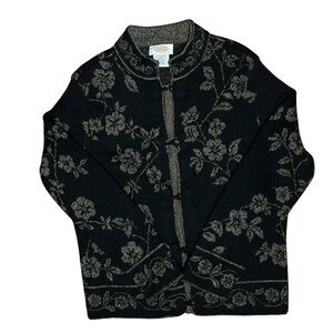Talbots Size M Black Floral Merino Wool cardigan Frog closures cozy cabin core